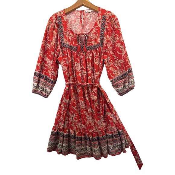Beach Lunch Lounge Dresses & Skirts - Beach Lunch Lounge Dress Sz M Orange Floral Boho Peasant Tasseled Casual 3/4Slv